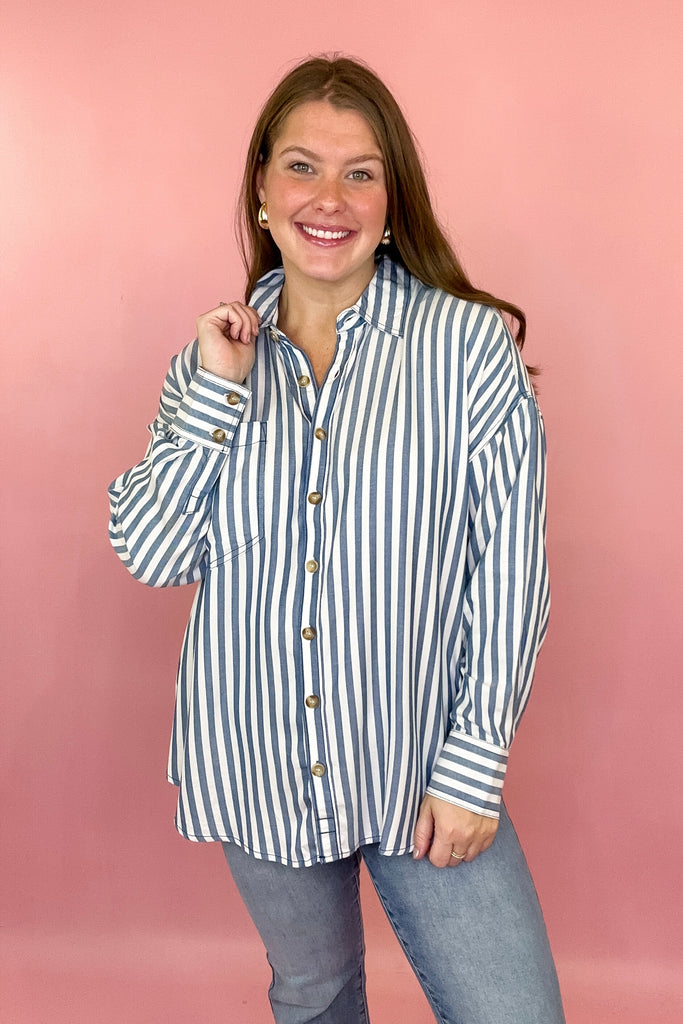 blue striped oversized button down