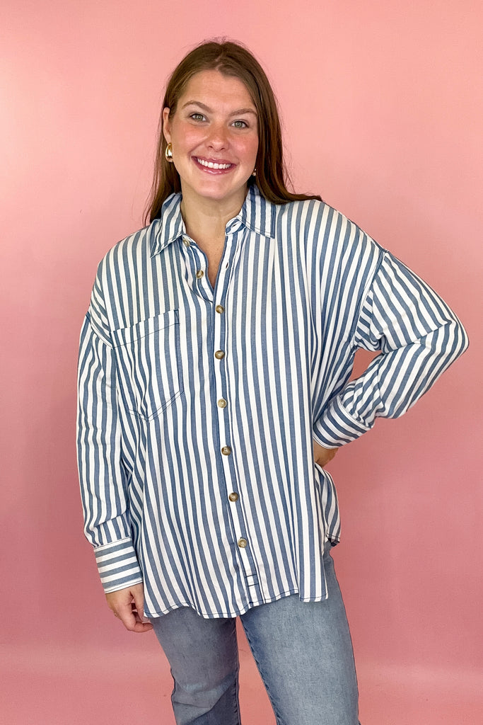 blue striped oversized button down