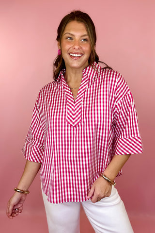 Simply Joyful Gingham Top Hot Pink