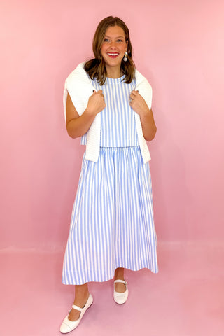 blue and white stripe midi skirt set