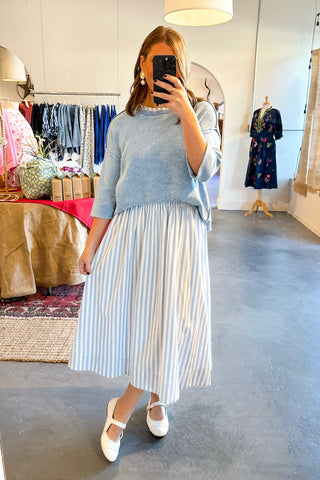 blue and white stripe midi skirt set