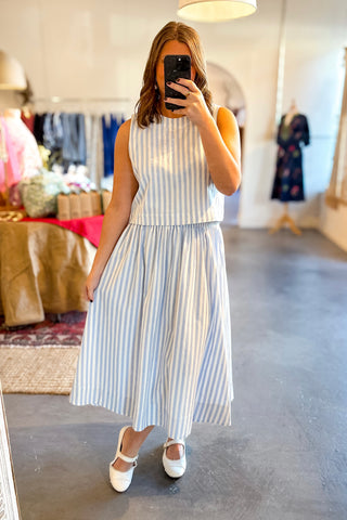 blue and white stripe midi skirt set