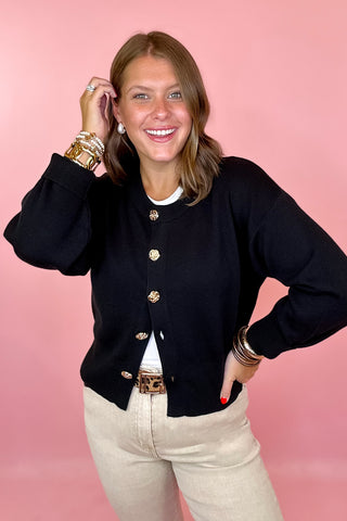 black gold button front long sleeve cardigan