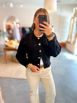 black gold button front long sleeve cardigan