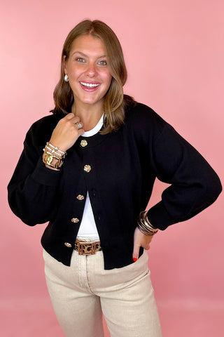 black gold button front long sleeve cardigan