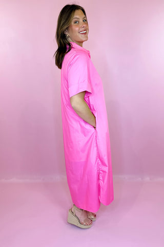 pink midi dress with gold button detailing