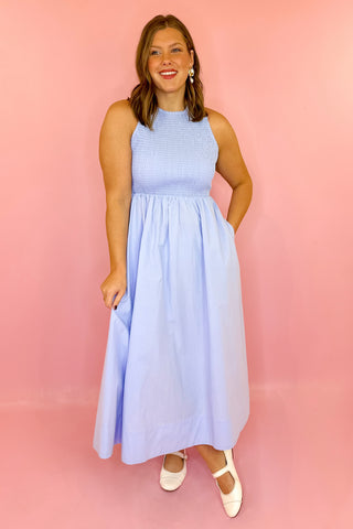 Smocked Poplin Midi Dress Blue