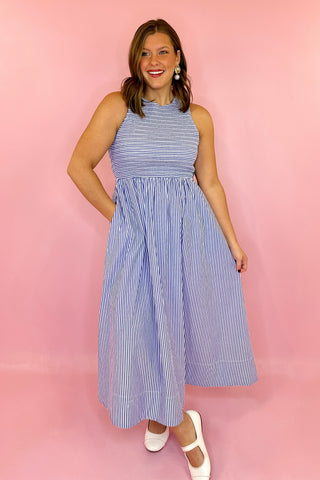 Soho Strolls Smocked Poplin Midi Dress - Navy Stripe Large Soho Strolls Smocked Poplin Midi Dress - Navy Stripe Large