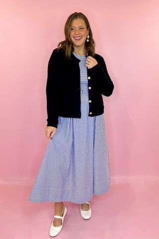 Smocked Poplin Midi Dress Navy Stripe