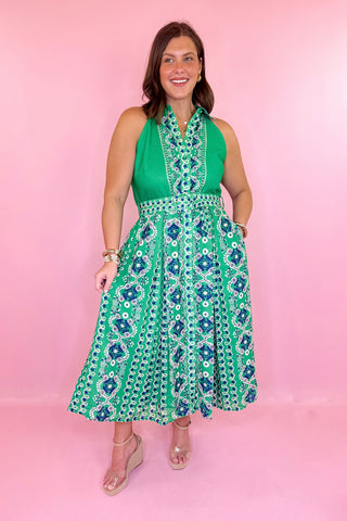 Somewhere Sunny Floral Sleeveless Midi Dress Green