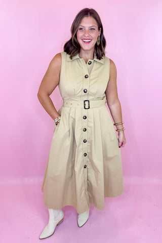 taupe button down midi dress