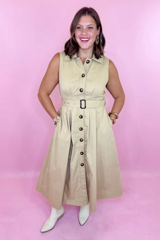 taupe button down midi dress