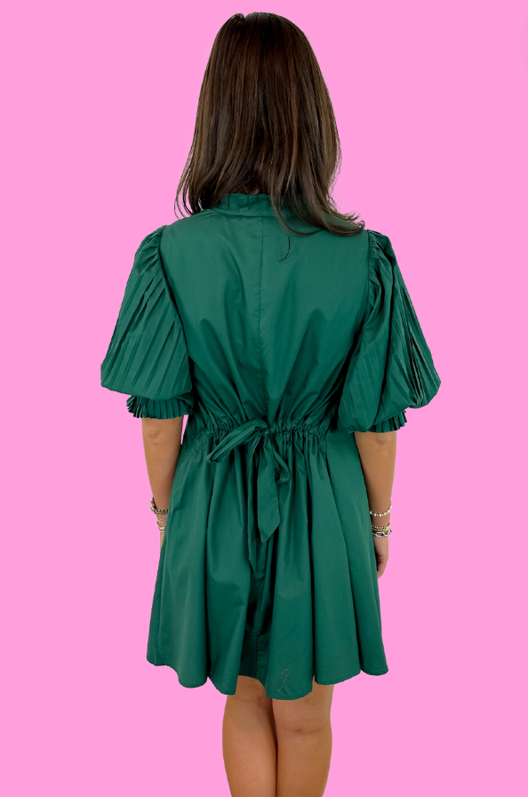 Green bow back dress with pleated sleeves