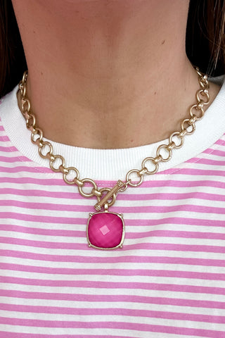Fuchsia Square Stone Pendant Necklace