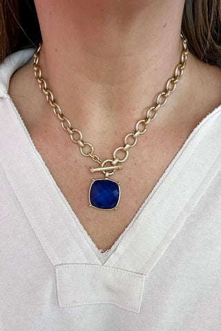 Square Stone Pendant Necklace Navy