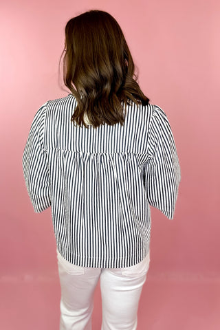 Striped Button Front Top Navy