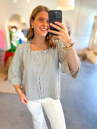 Striped Button Front Top Navy