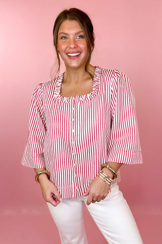 Striped Button Front Top Red