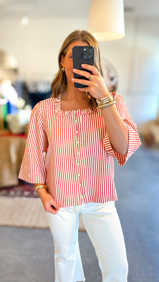 Striped Button Front Top Red
