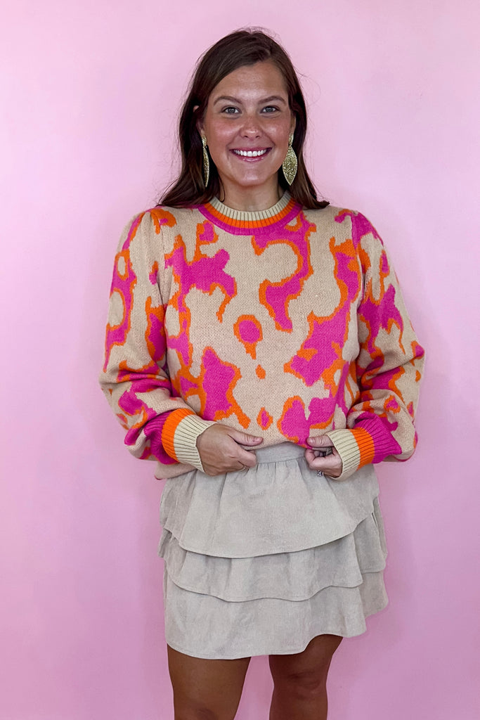 pink printed sweater