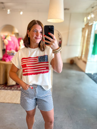 Stitched In Freedom American Flag Top White