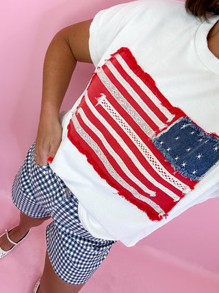 Stitched In Freedom American Flag Top White