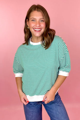 Striped Contrast Trim Top Green