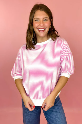 Striped Contrast Trim Top Pink