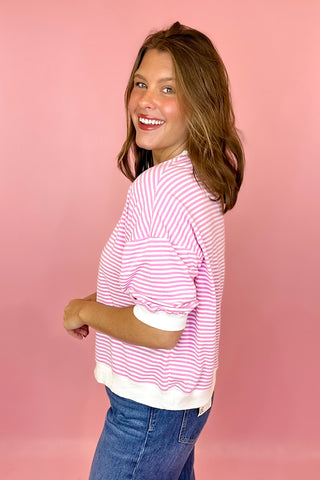 Striped Contrast Trim Top Pink