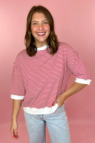 Striped Contrast Trim Top Red