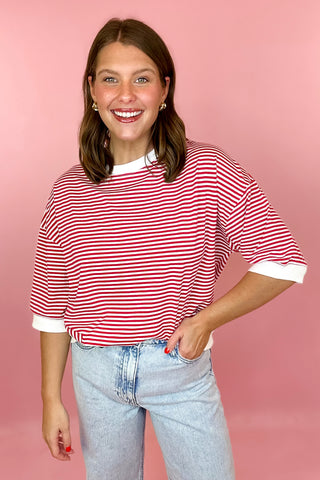 Striped Contrast Trim Top Red