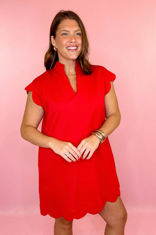 Scalloped Scuba Knit Mini Dress Red