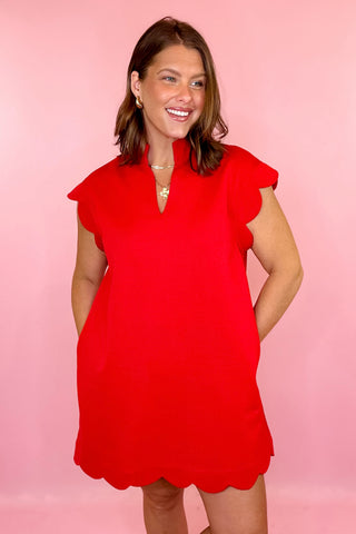 Scalloped Scuba Knit Mini Dress Red