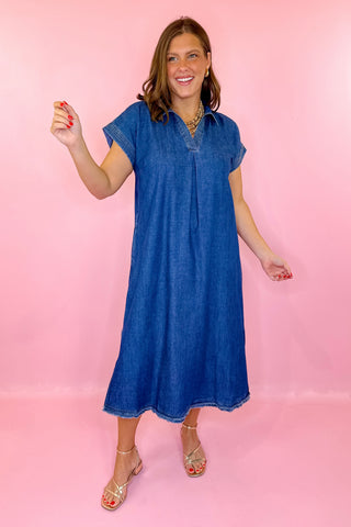 denim midi dress with frayed hem