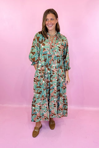 Abstract Midi Dress Green Brown