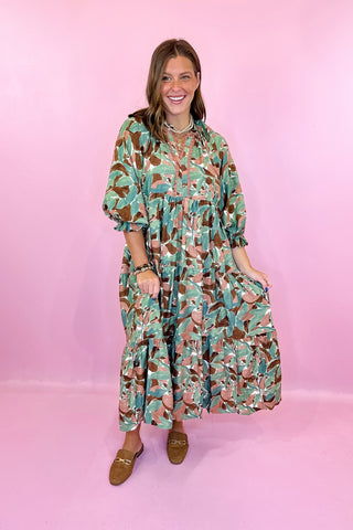 Abstract Midi Dress Green Brown