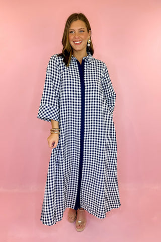 Navy Gingham Midi Dress