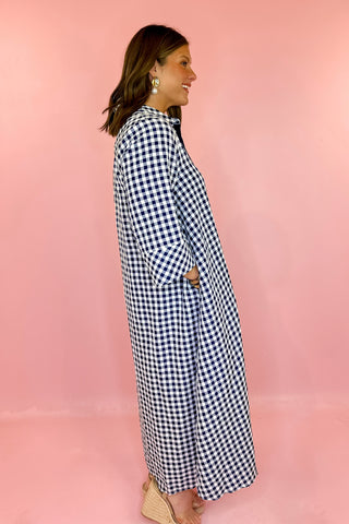 Navy Gingham Midi Dress