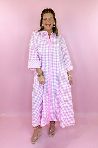 Oversized Gingham Midi Dress Pink