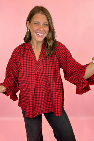 Taken Into Account Plaid Top Red