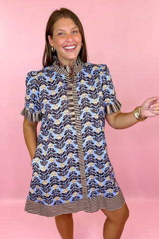 Through The Fields Floral Mini Dress Blue/Brown