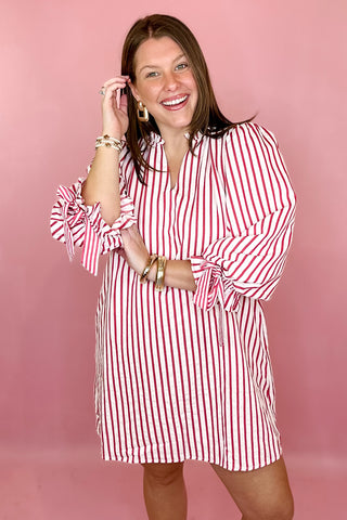 Red stripe dress with 3/4 sleeves and bow detailing coastal chic