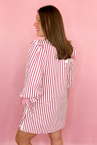 Red stripe dress with 3/4 sleeves and bow detailing coastal chic