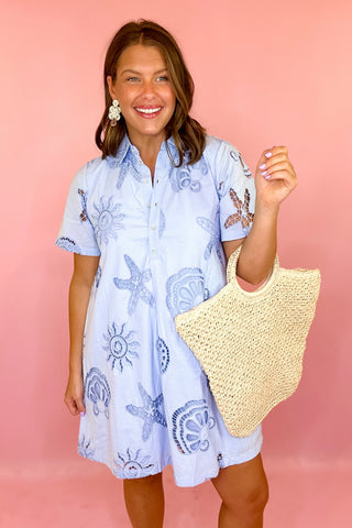 blue seashell eyelet mini dress