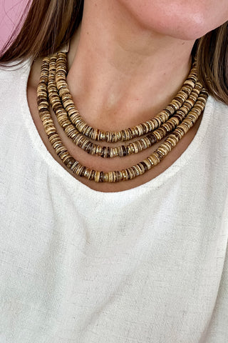 Triple Layer Wood Disk Beaded Necklace Light Brown