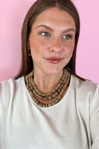 Triple Layer Wood Disk Beaded Necklace Light Brown