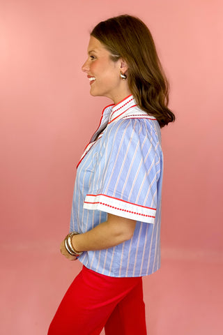 THML blue and red striped embroidered top