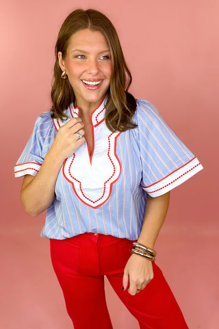 THML blue and red striped embroidered top