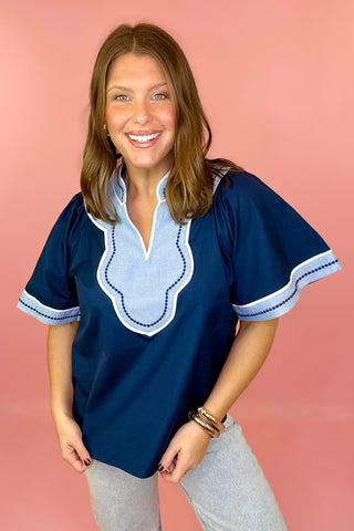 THML navy embroidered top