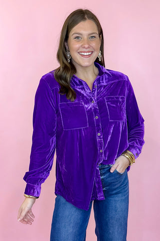 plus size velvet button down top purple